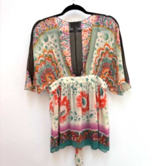 Vintage Nicole Miller Silk Chiffon Kimono Top Sheer Floral Tie Front Size Small - Picture 6 of 13